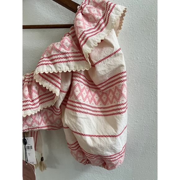 Raissa | Anthropologie NWT Ruffled Embroidered Cropped Blouse Beige Pink Red - Picture 6 of 14